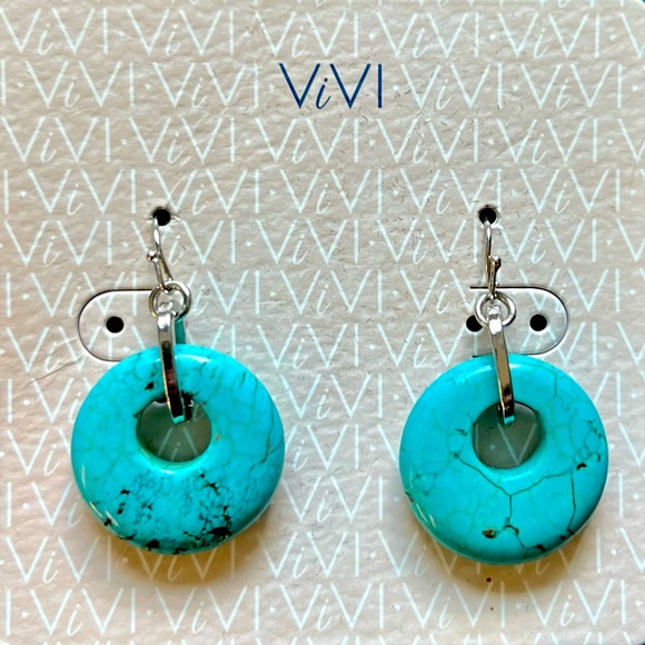 🐳Faux Turquoise Stone Silver Tone Dangle Earrings by Cookie Lee - Picture 3 of 6